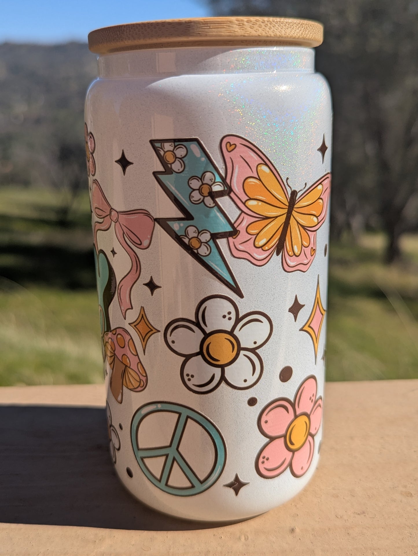 Girly Girl DTF Wrap 16oz Holographic Can Cup with Colorful Design and Floral Elements