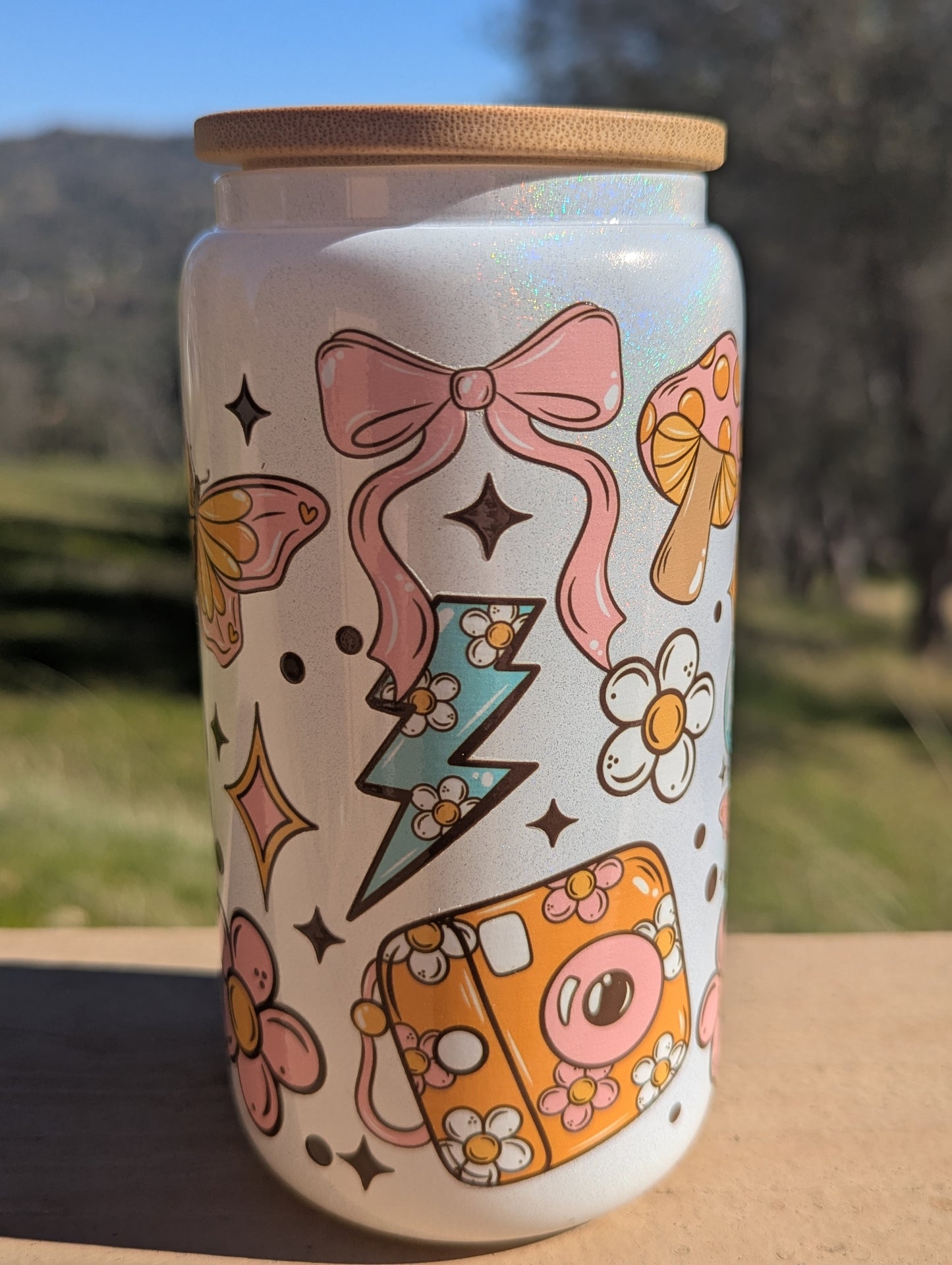 Girly Girl DTF Wrap 16oz Holographic Can Cup with Colorful Design and Floral Elements