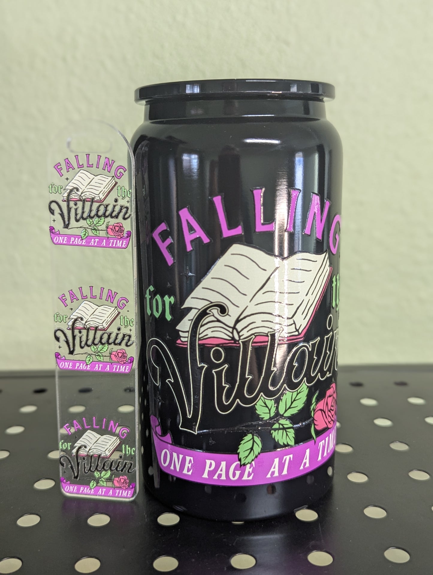 Falling for the Villain 16oz Black Can Tumbler with Handle - One Page at a Time Design - Bottle, Drinkware