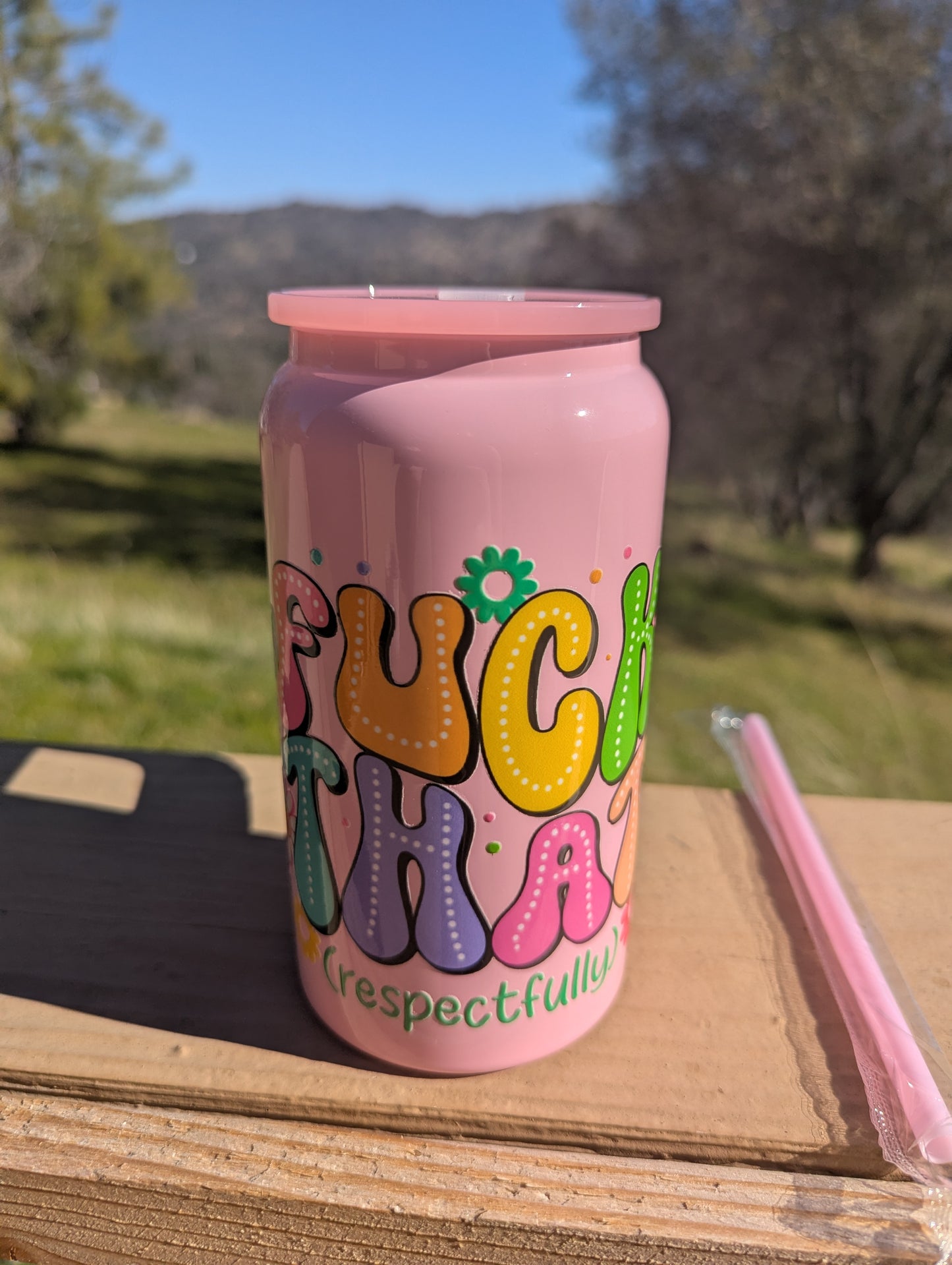 F That (Respectfully) 16oz Light Pink Tumbler with Handle - Colorful Design, Fun Graphics Drinkware, Bottle