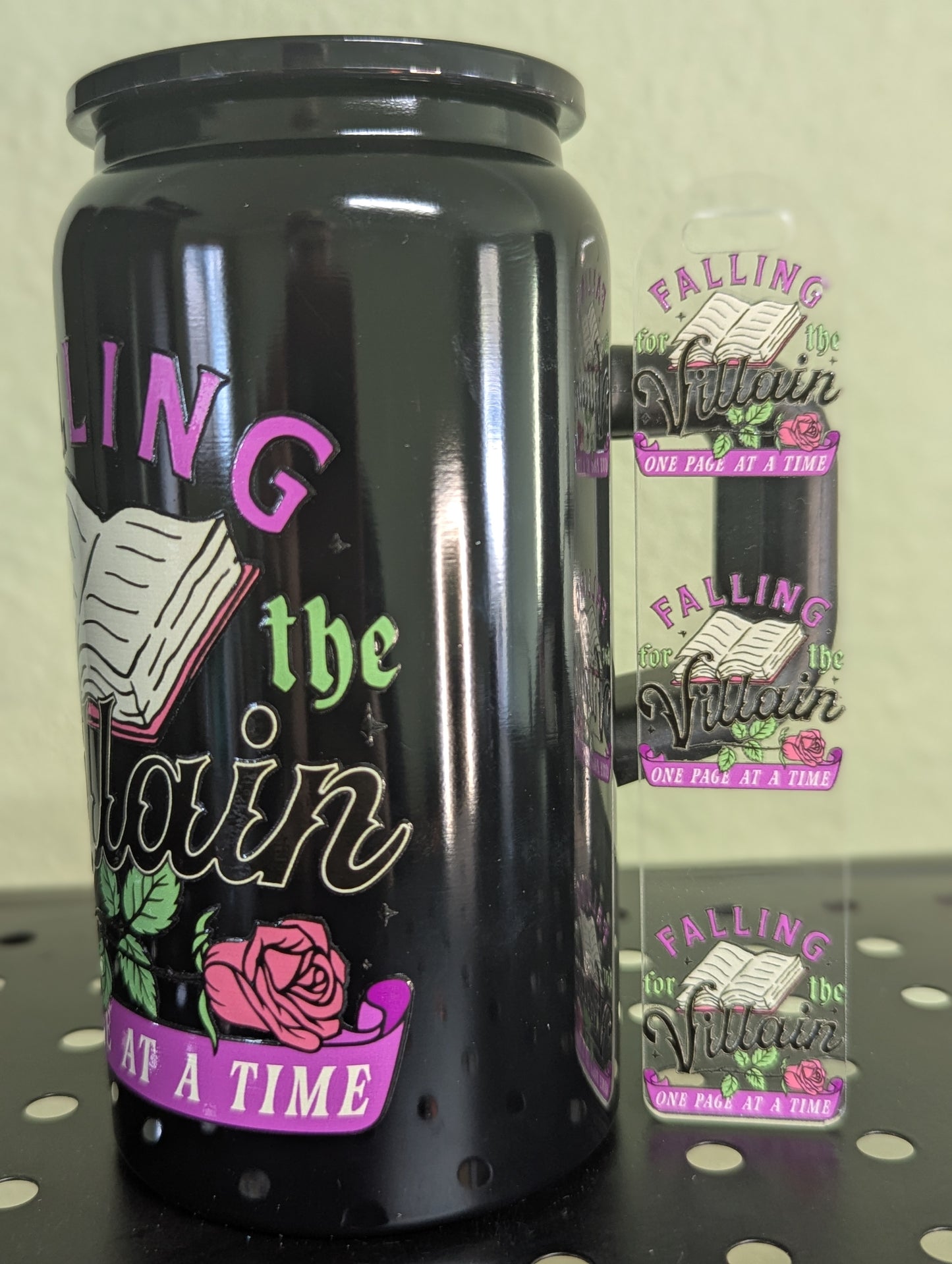 Falling for the Villain 16oz Black Can Tumbler with Handle - One Page at a Time Design - Bottle, Drinkware