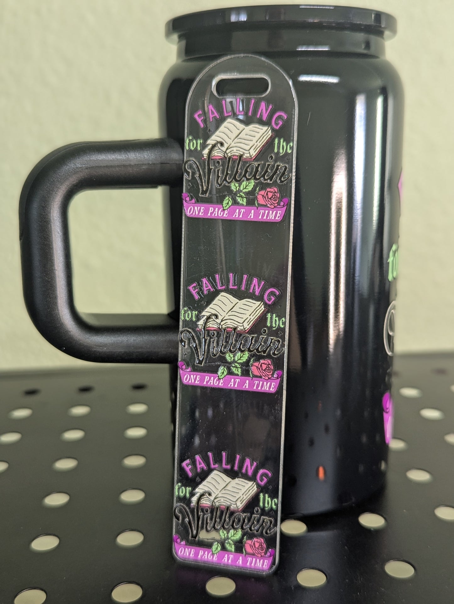 Falling for the Villain 16oz Black Can Tumbler with Handle - One Page at a Time Design - Bottle, Drinkware