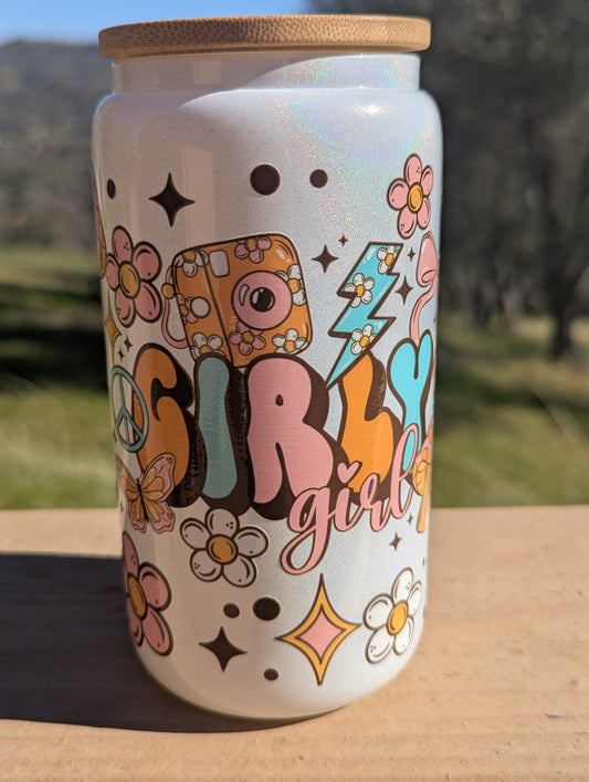 Girly Girl DTF Wrap 16oz Holographic Can Cup with Colorful Design and Floral Elements