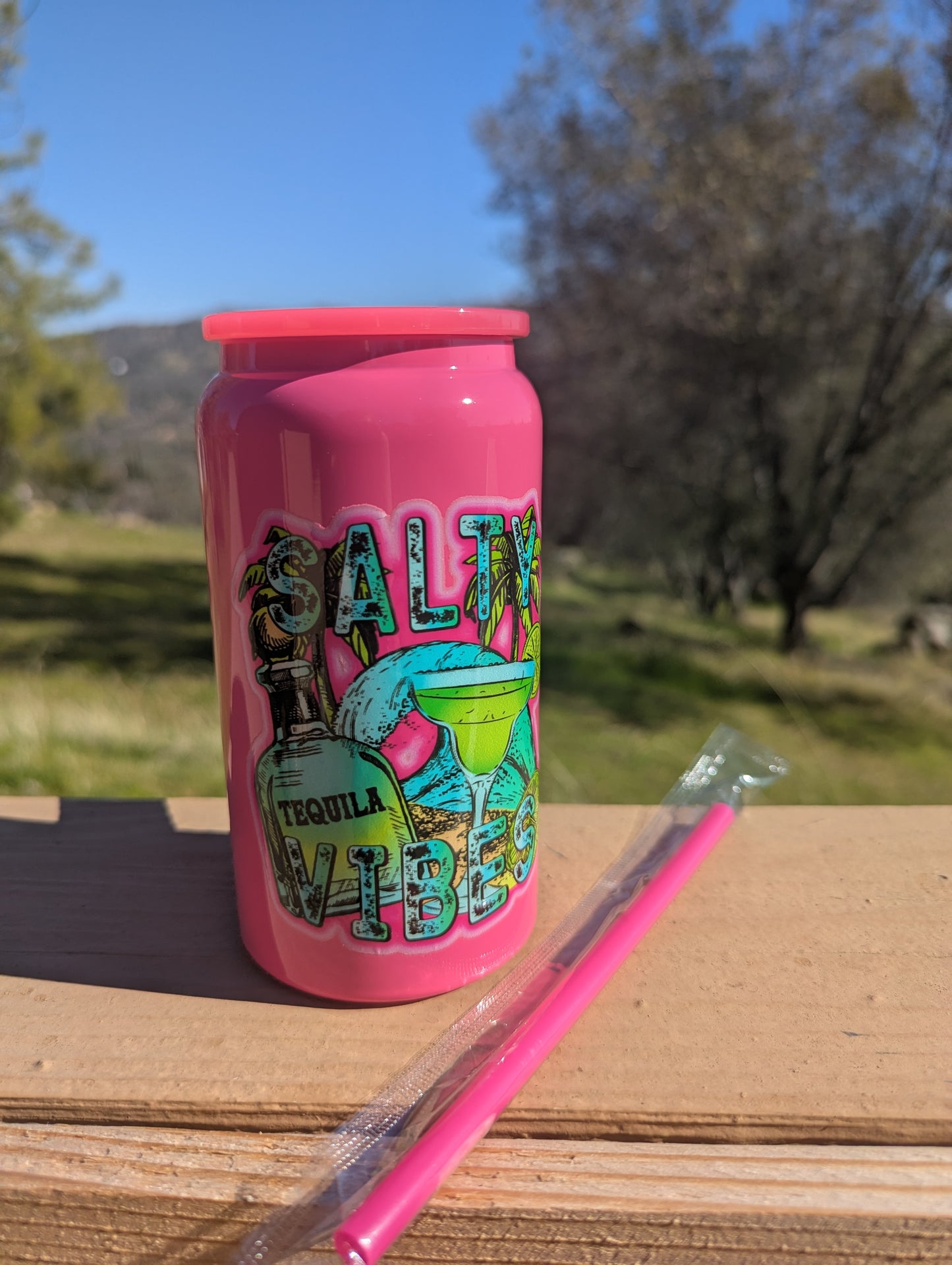 Salty Vibes DTF Decal on 16oz Hot Pink Can Shape Tumbler - Fun Graphic Design for Tequila Lovers