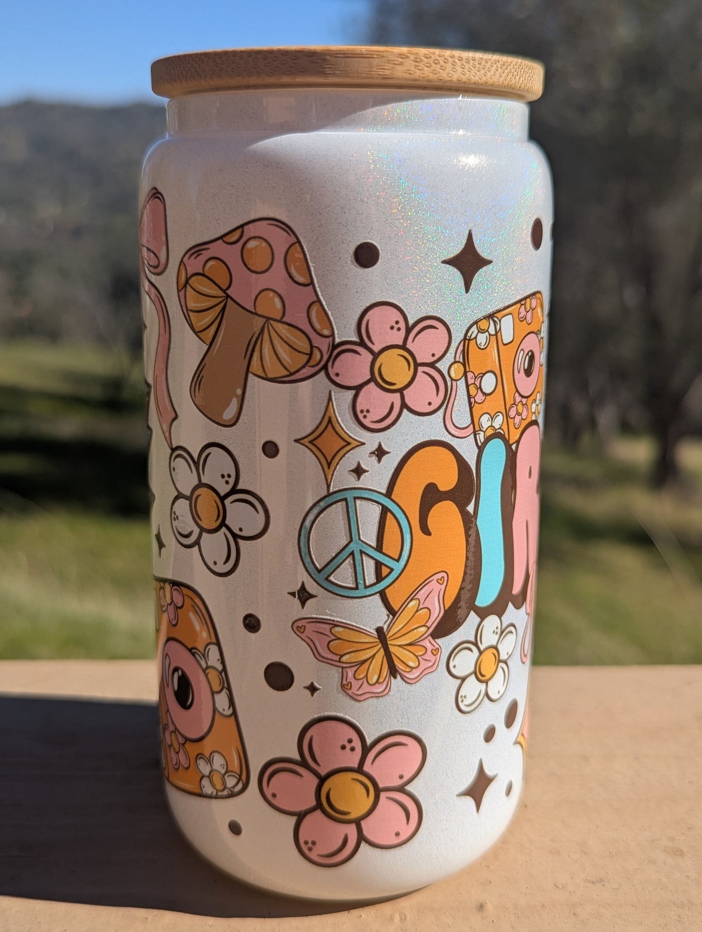 Girly Girl DTF Wrap 16oz Holographic Can Cup with Colorful Design and Floral Elements